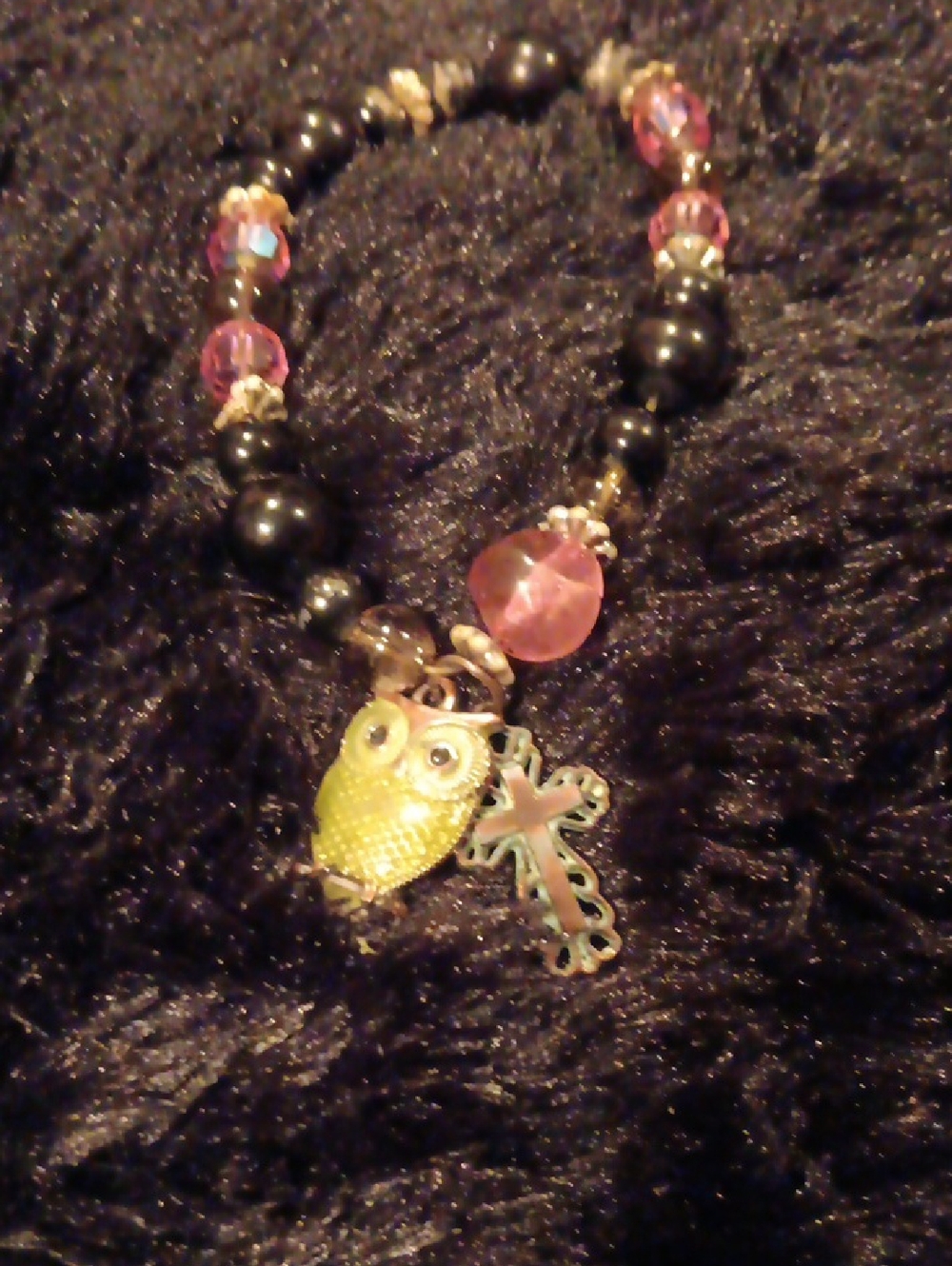 Handcrafted Yellow Owl Charm Bracelet with Pink Accents